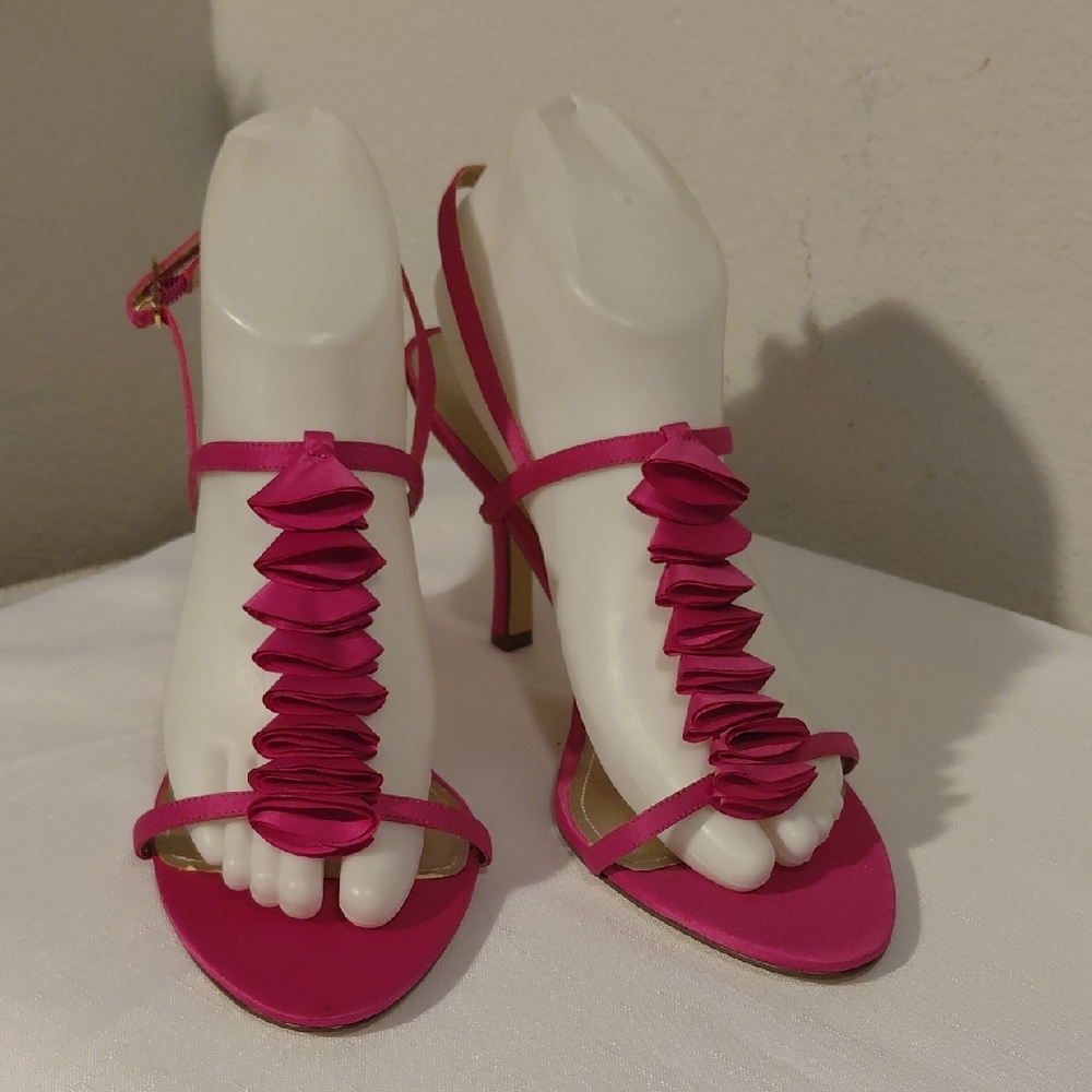 Women's Fuchsia Ruffle T-Strap High Heel Sandals